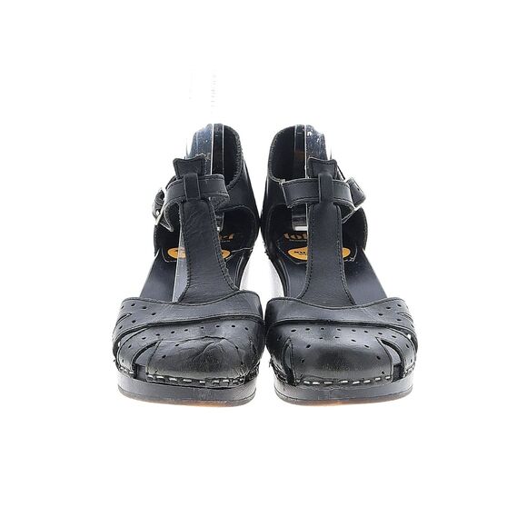 Swedish Hasbeens Toffel Clogs Women 37 US 7 Low Heel Leather Wood Sandals Black - Picture 2 of 8